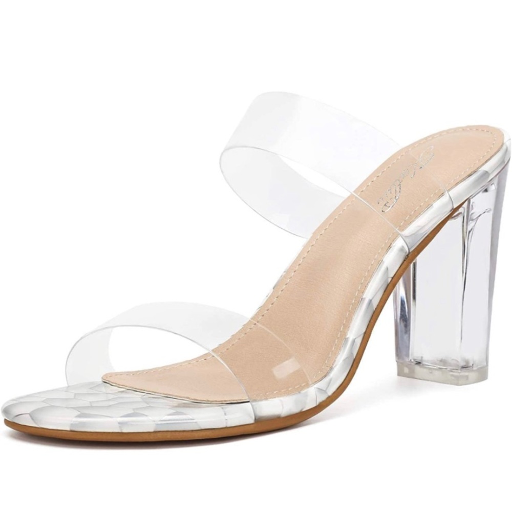 Women's Clear Heeled Sandals Snakeskin Print Transparent Chunky Heels
